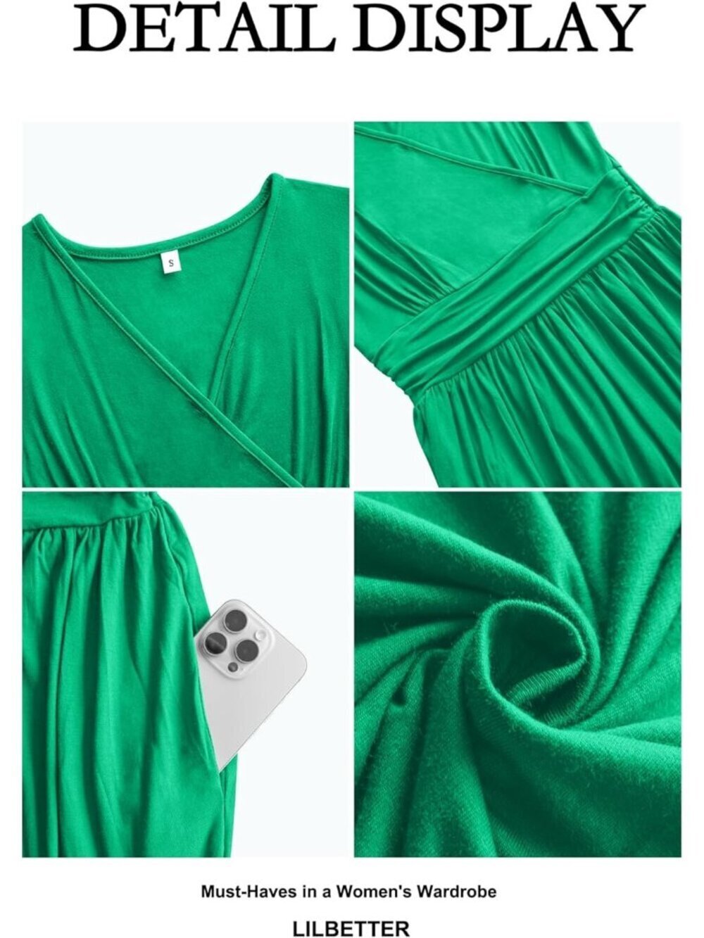 Lilbetter Women's Green Sleeveless Deep Neck Loose Plain Long Maxi Casual Dress - Picture 6 of 6